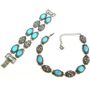 Turquoise Bracelet Choker Necklace Set Turqurenite Gemstone Silver Plate Stones